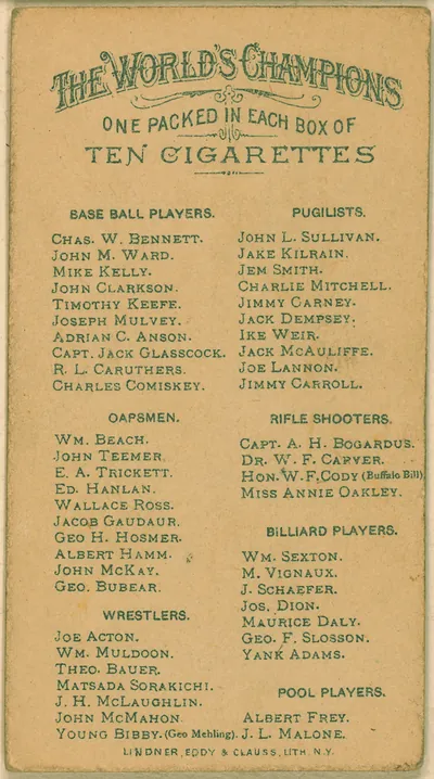The World's Champions cigarette card back listing athletes