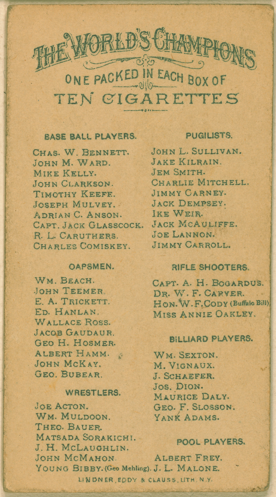The World's Champions cigarette card back listing athletes — historic image