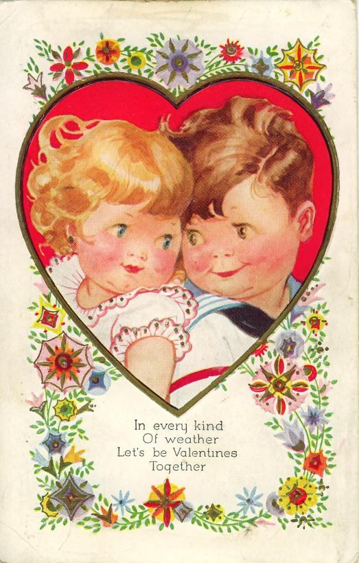 Valentine card with two children in a heart — historic image