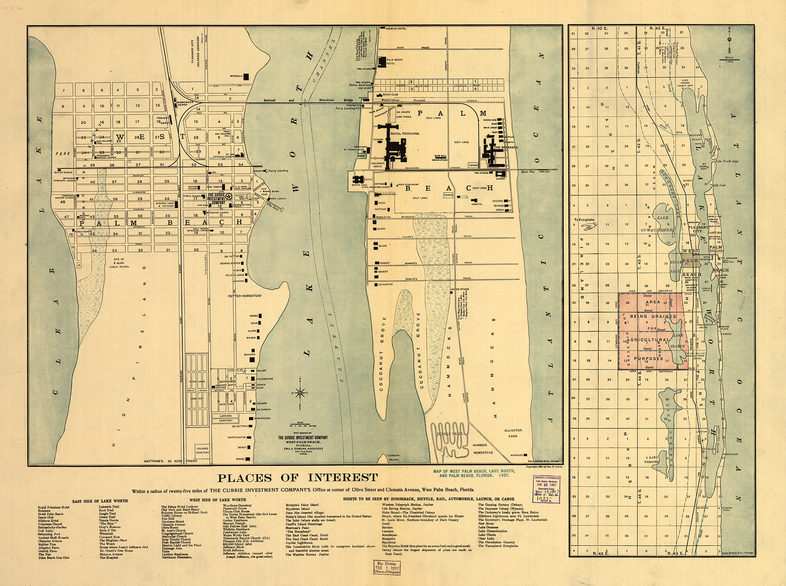 Places of Interest: Map of West Palm Beach, Lake Worth, and Palm Beach, Florida, 1907 — antique map
