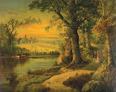 Lovers walking beside a lake at sunset, cattle drinking