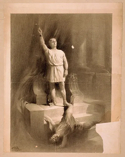 [Man dresses as Roman with raised arm standing on steps above body of another man in Roman dress]