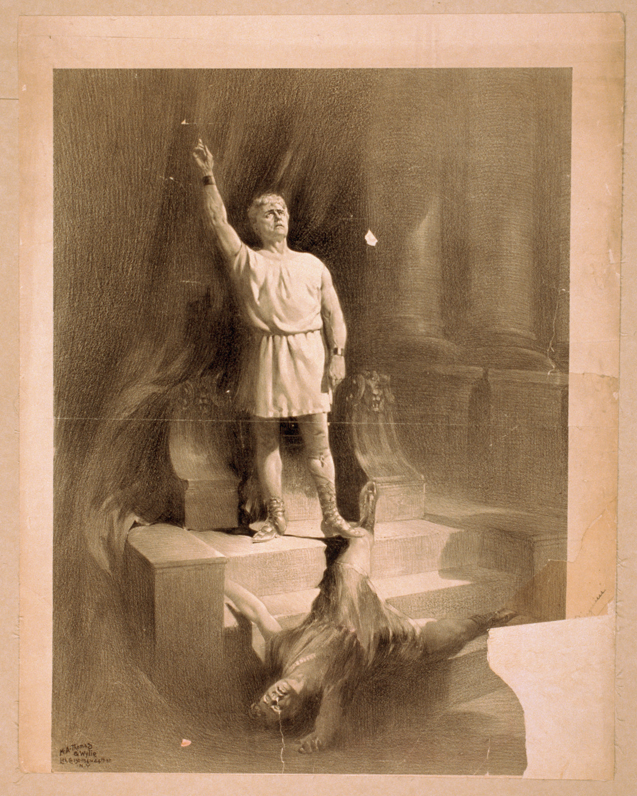 [Man dresses as Roman with raised arm standing on steps above body of another man in Roman dress], 1895 — vintage poster