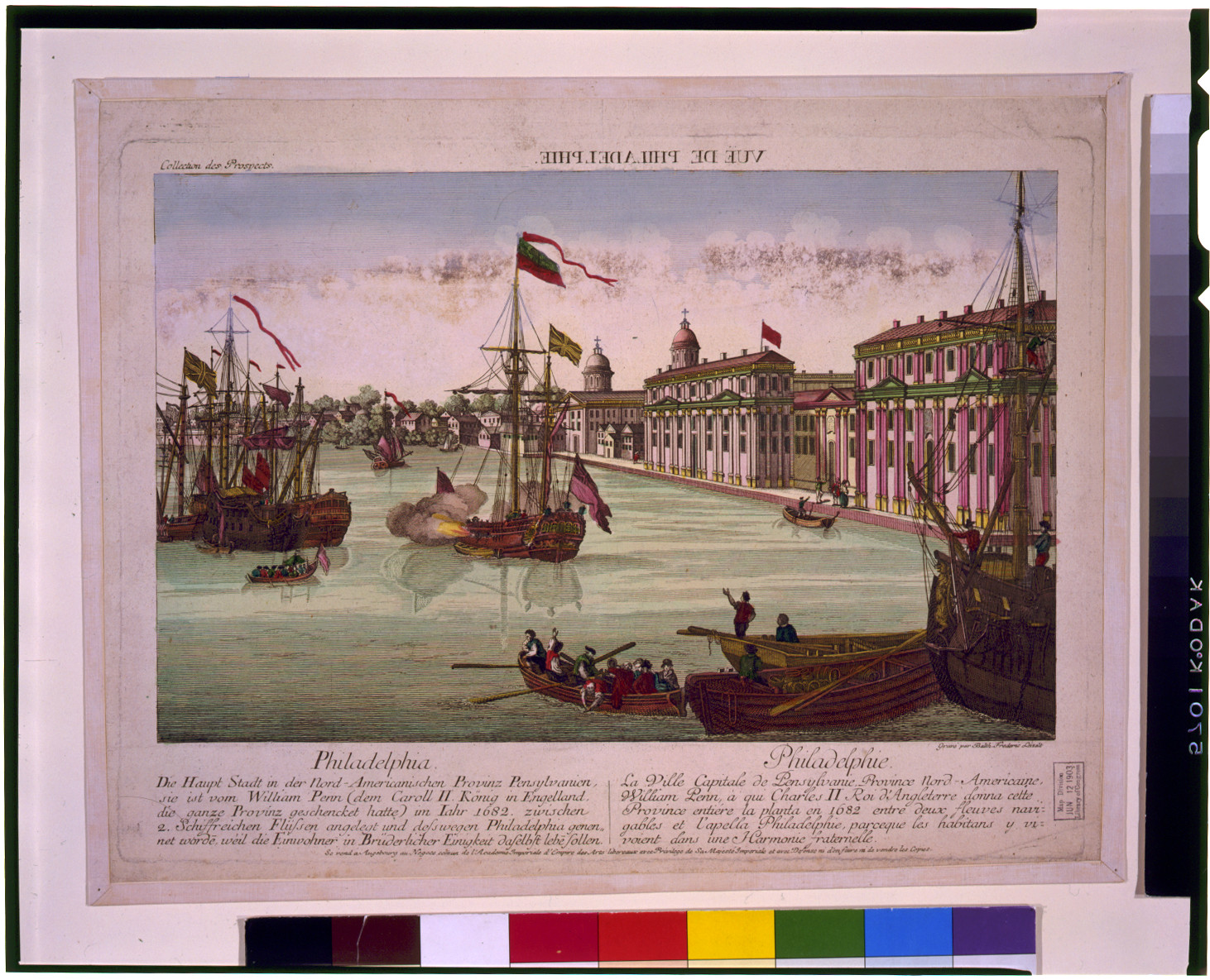 Vuë de Philadelphie. Philadelphia - die haupt stadt in der Nord-Americanishcen provinz Pensylvanien, sie ist vom William Penn (dem Caroll II König in Engelland, ... Philadelphie - la ville capitale de Pensylvanie, province Nord-Americaine, William Penn, à qui Charles II Roi d'Angleterre ... / gravé par Balth. Frederic Leizelt. — historic print