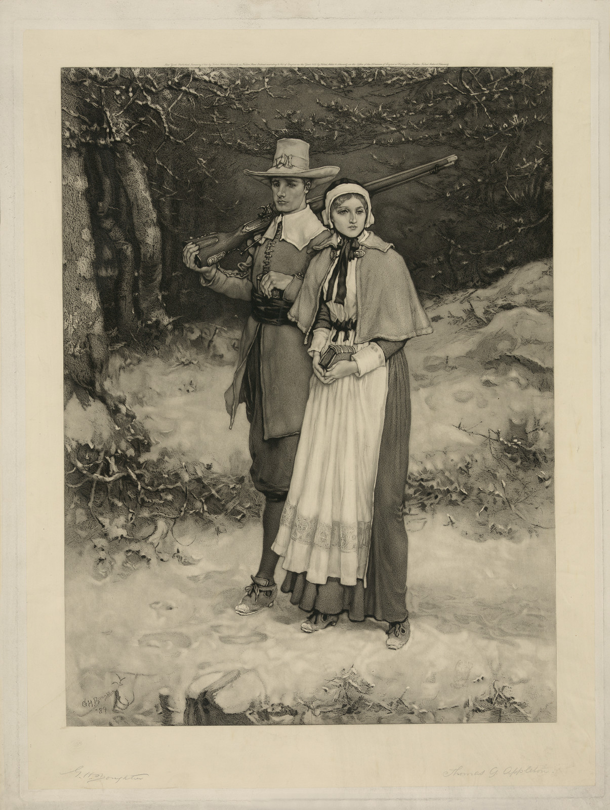 Pilgrim man with musket and woman in snowy woods — historic image