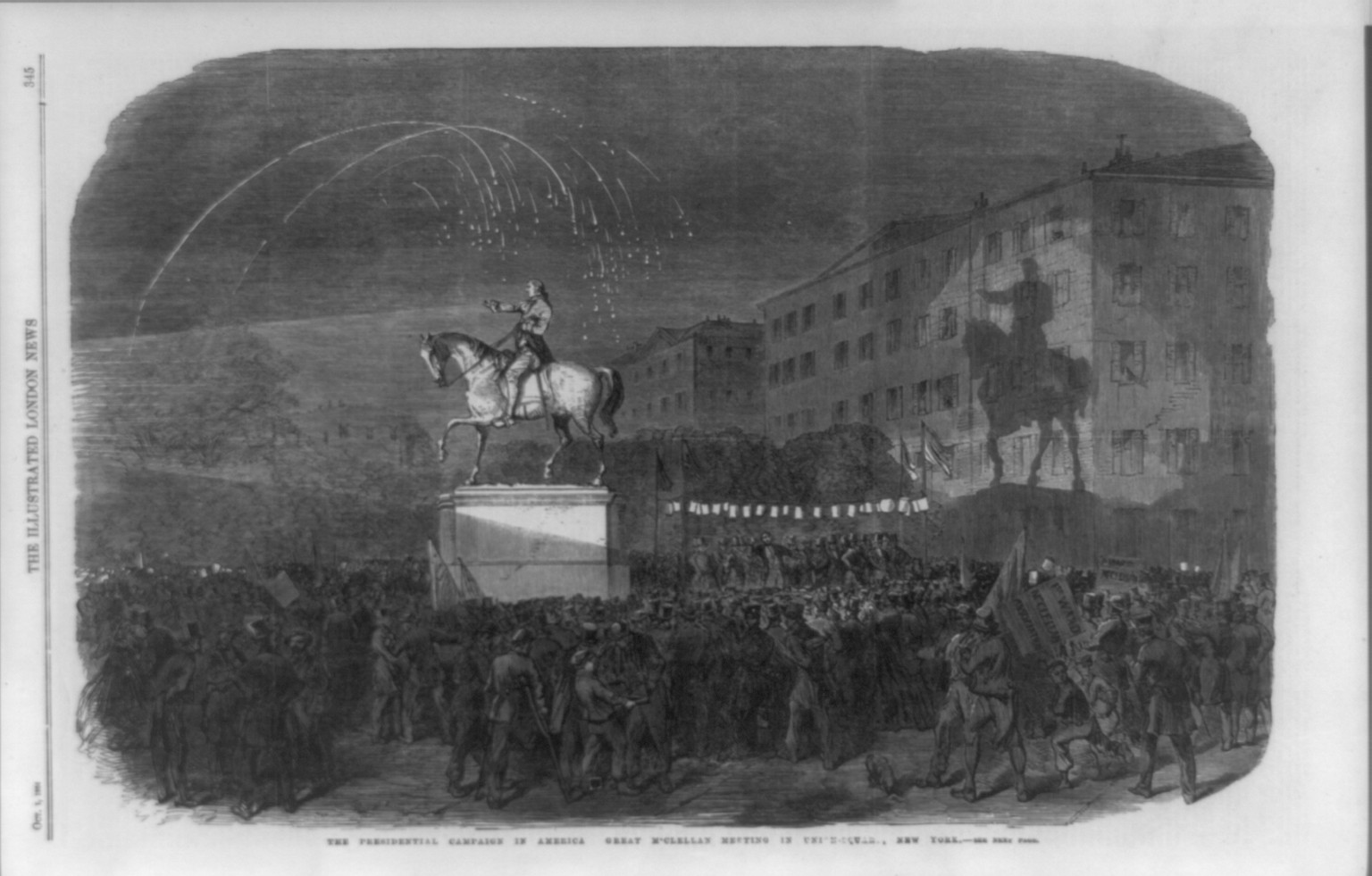 The Presidential campaign in America. Great M'Clellan meeting in Union Square, New York, 1864 — antique engraving