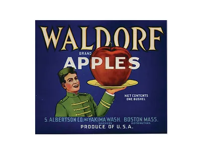 Waldorf Brand Apples crate label with bellboy holding apple