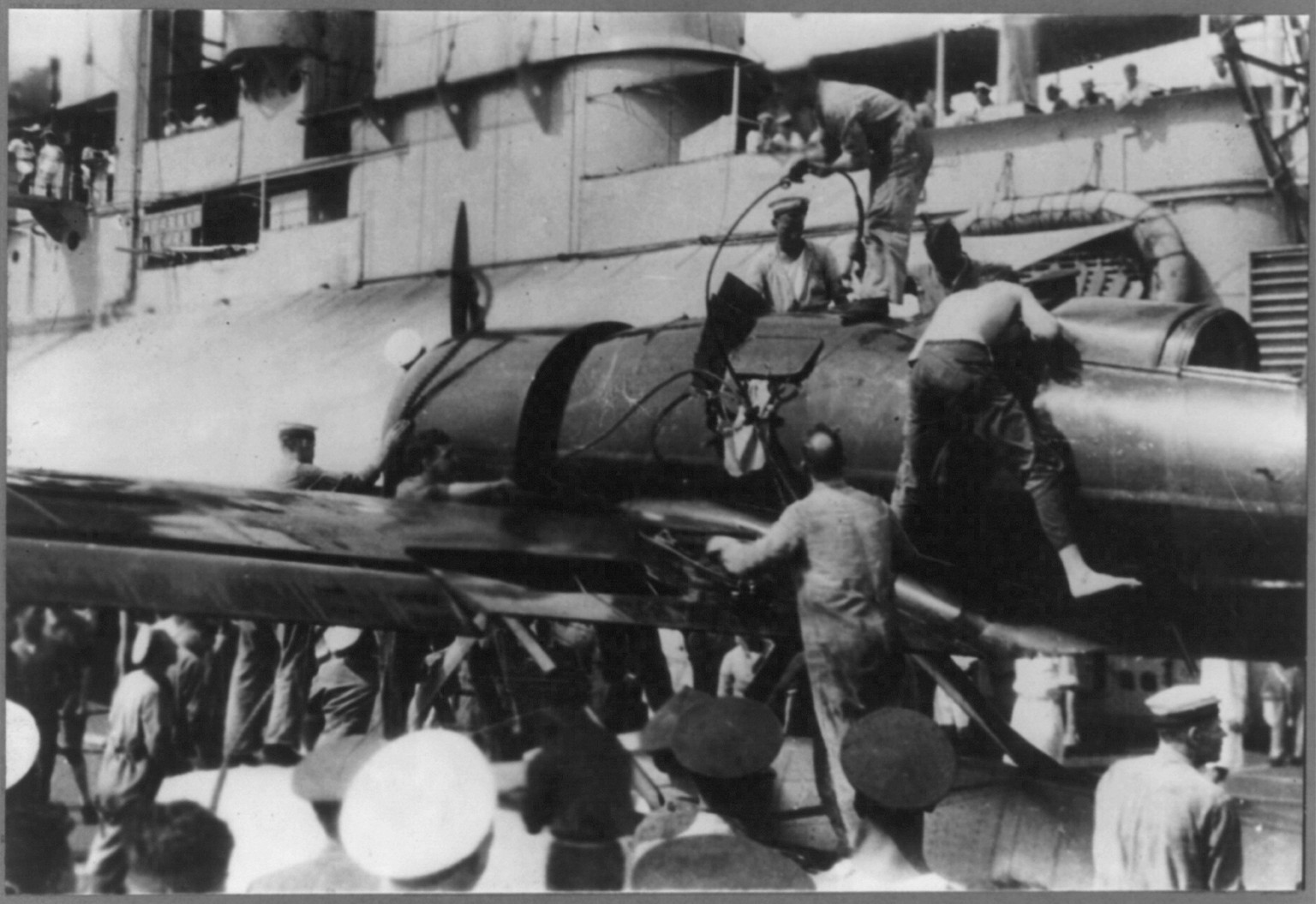 Rescue of Charles A. Lindbergh's plane from the Yangtse River shortly after it took off from the British airplane carrier HERMES, Hankow, China, c1931 Oct. 31. — historic photograph