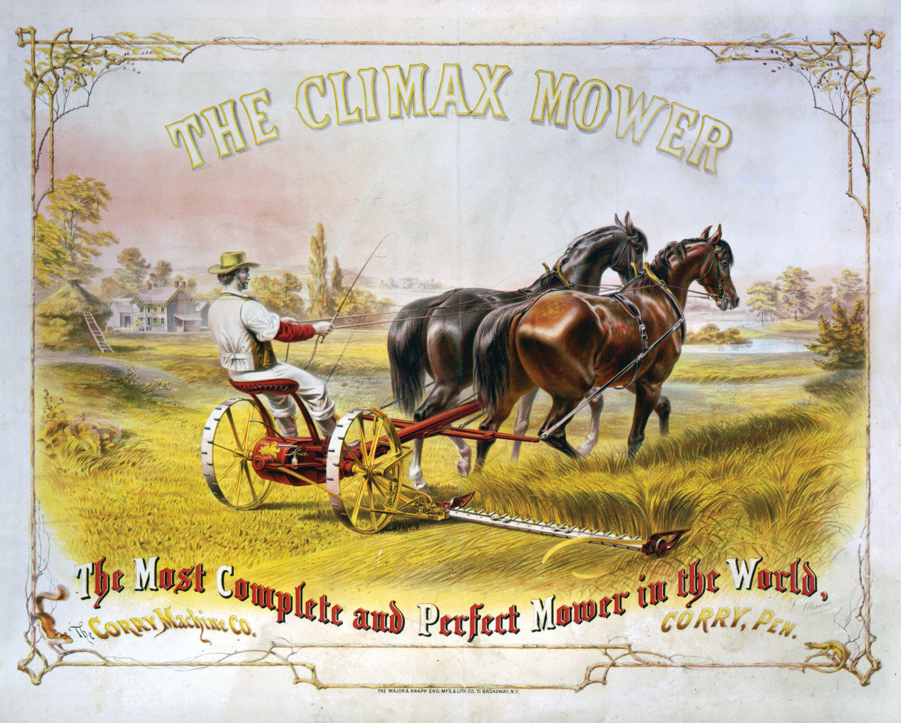 The climax mower, most complete and perfect mower in the world, the Corry Machine Co., Corry, Pen. / L. Maurer., N.Y. : The Major & Knapp Eng., Mfg. & Lith. Co., [between 1869 and 1872] — antique lithograph
