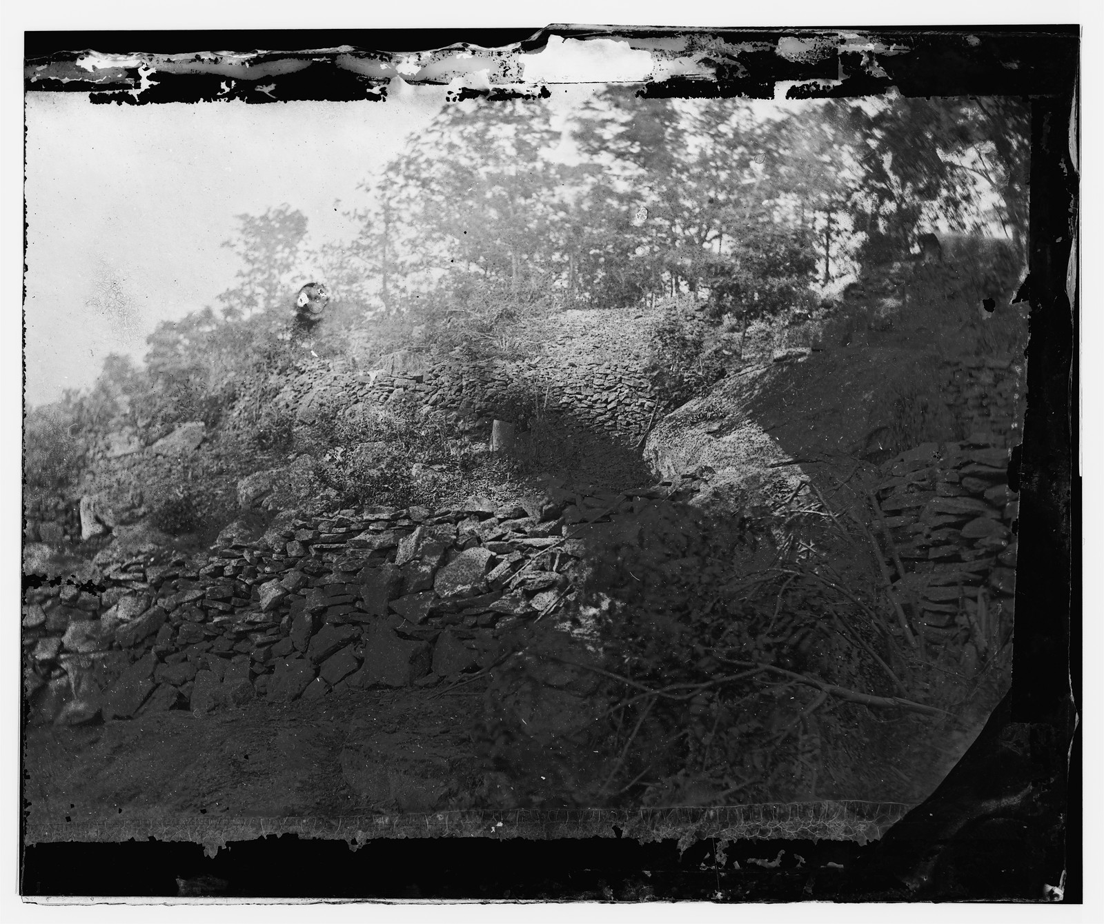 Gettysburg Pennsylvania. View of breastworks on Round Top the hill which formed our, 1863 — historic photograph