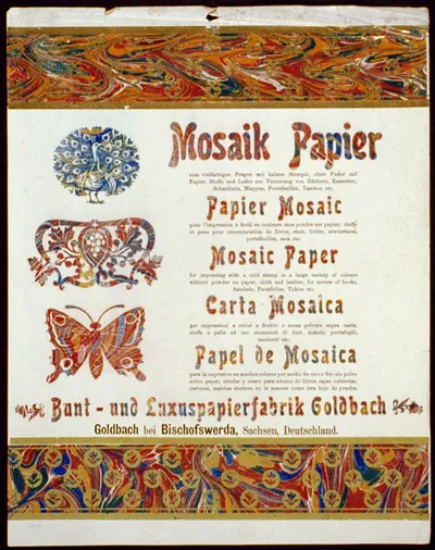 [Advertisement in 5 languages for printer of mosaic paper Goldbach, Bischofswerda, Sachsen, Germany, illustrated with peacock, butterfly, etc.]