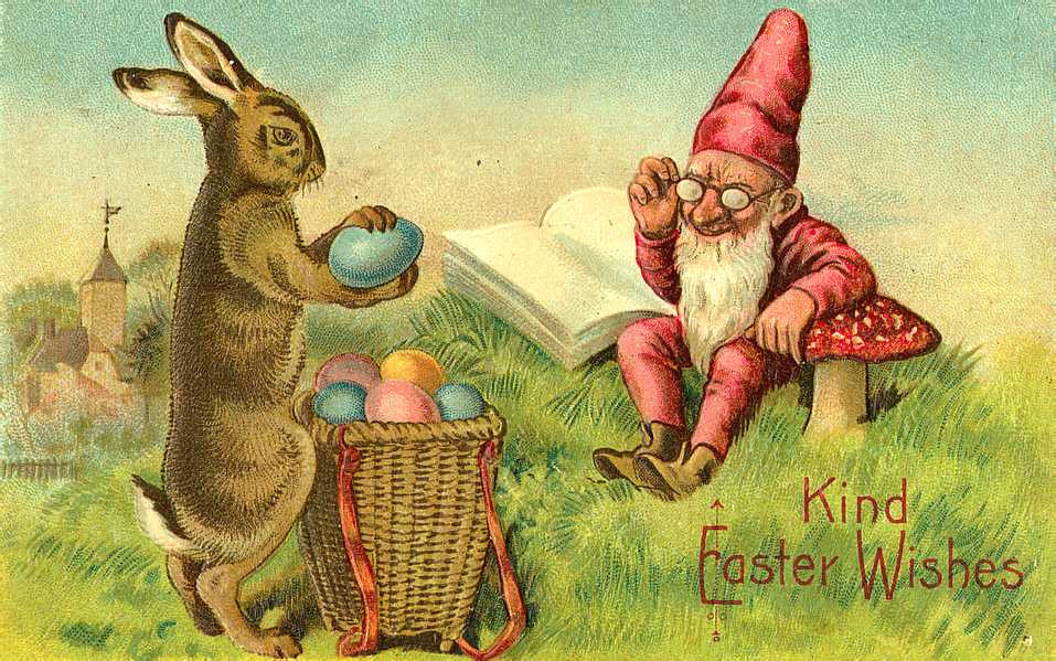 Kind Easter Wishes postcard with rabbit and gnome — vintage postcard