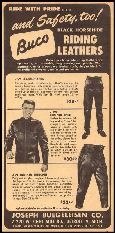 Buco riding leathers motorcycle clothing advertisement