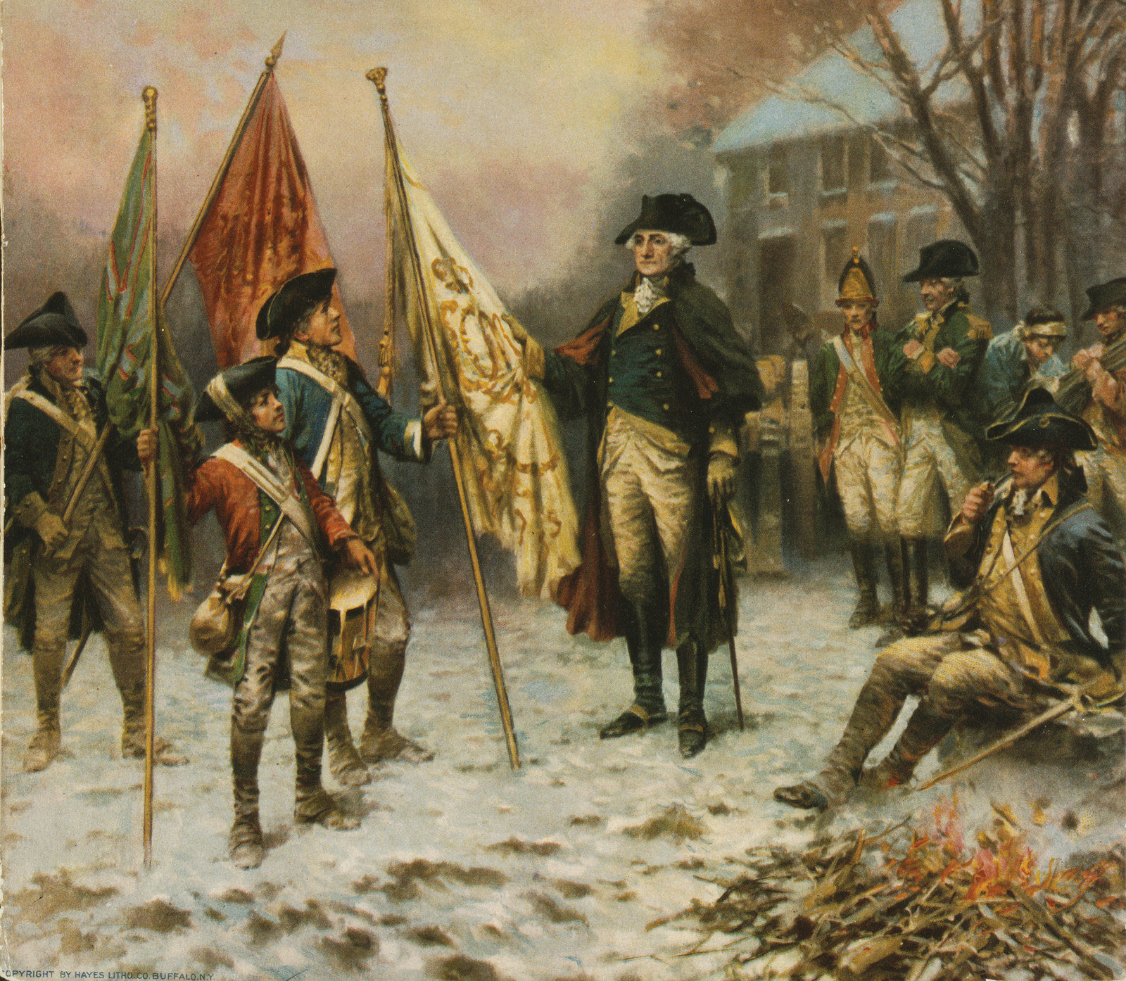Washington inspecting the captured colors after the battle of Trenton, 1914 — antique lithograph