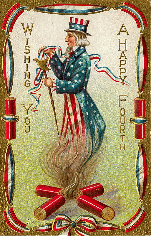 Wishing You A Happy Fourth, Uncle Sam with firecrackers — historic image