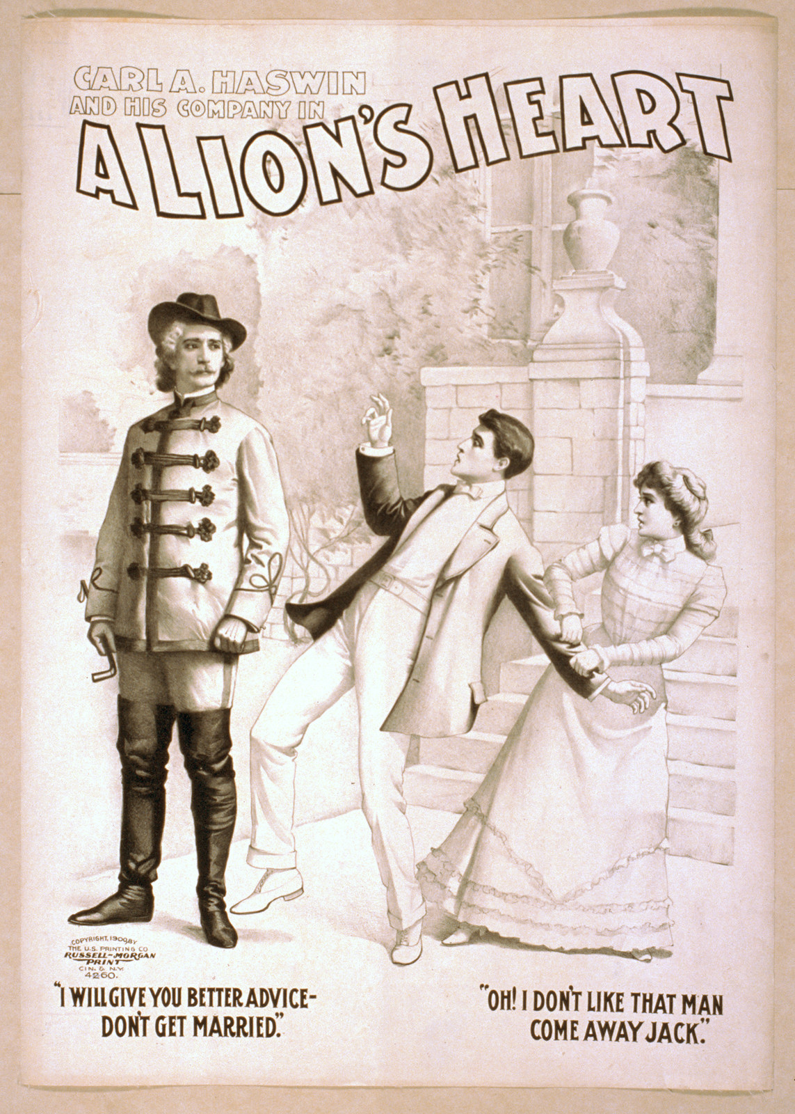 Carl A. Haswin and his company in A lions heart, 1900 — vintage poster