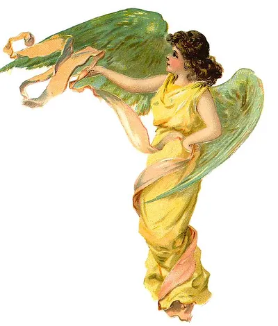 Winged angel in yellow gown with green wings