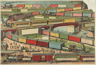 Colourful 19th-century lithograph of trains and railway scene