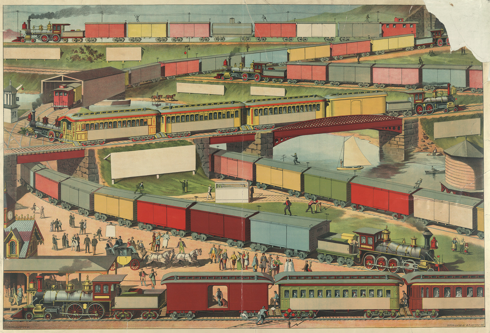 Colourful 19th-century lithograph of trains and railway scene — antique lithograph