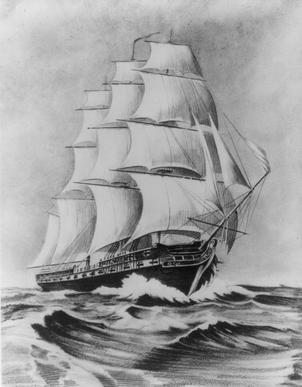 [U.S.S. Constitution - artists' conceptions: starboard, full sail] — historic print