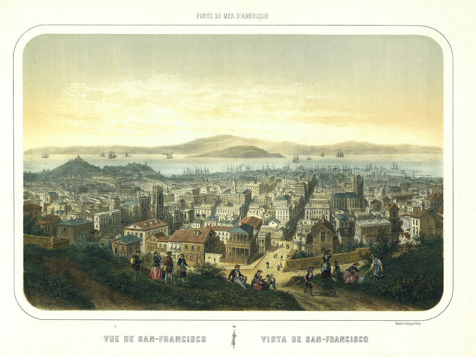 Vue de San-Francisco, bird's-eye view lithograph print — antique map