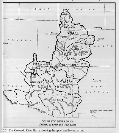 Colorado River Basin map showing upper and lower basins