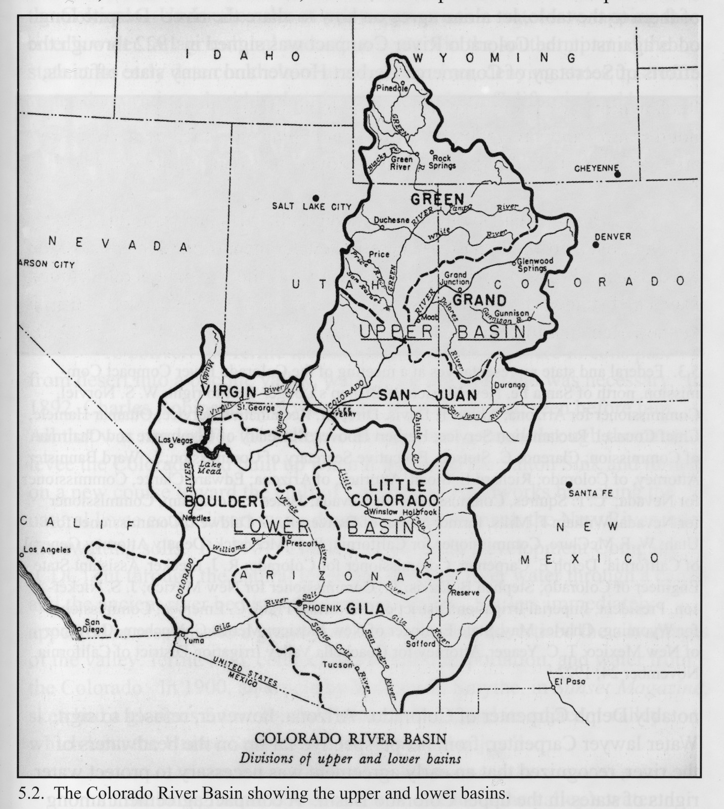 Colorado River Basin map showing upper and lower basins — antique map