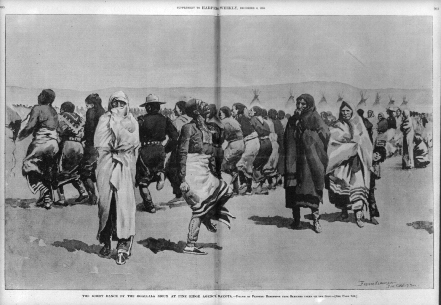 The Ghost dance by the Ogallala [sic] Sioux at Pine Ridge Agency ... Dakota / Frederic Remington, Pine Ridge, S. Dak., 1890 — historic print