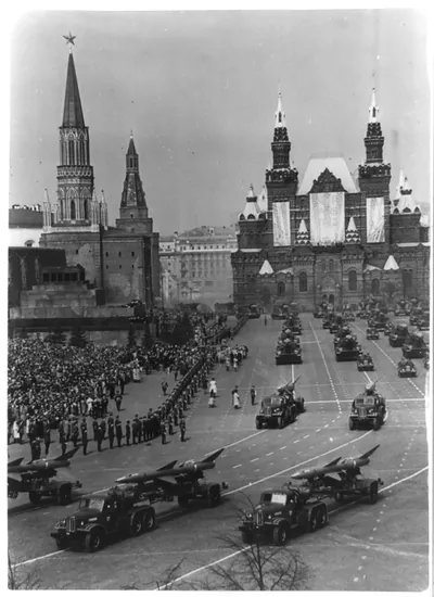 Celebration of May Day 1960 in Moscow. The parade of troops of the Moscow garrison on the Red Square