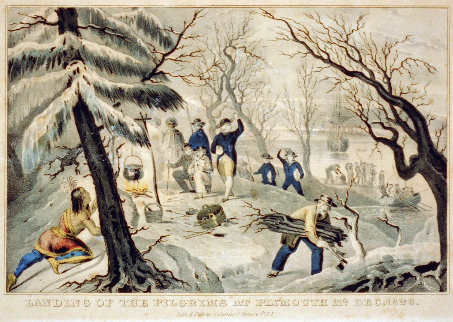 Landing of the pilgrims at Plymouth 11th Dec. 1620, New York : Lith. & pub. by N. Currier, [between 1838 and 1856] — antique lithograph