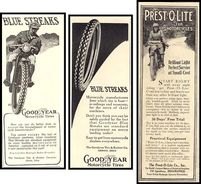 Vintage motorcycle advertisements for Goodyear tires and Prest-O-Lite lamps