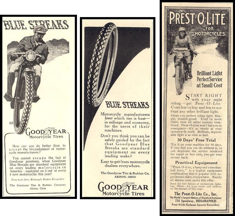 Vintage motorcycle advertisements for Goodyear tires and Prest-O-Lite lamps — historic image
