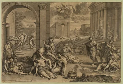 [People suffering from plague outside temple]