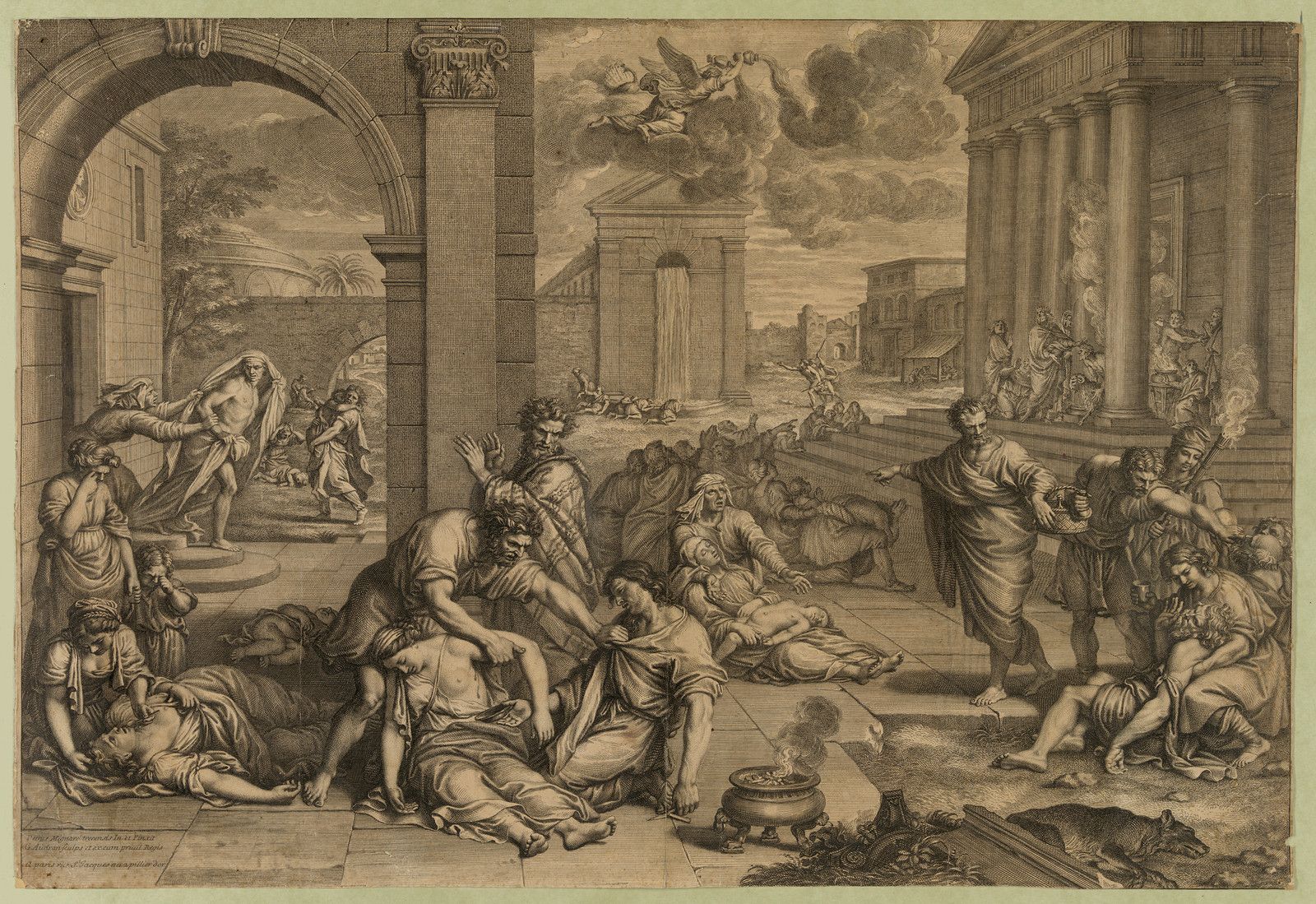 [People suffering from plague outside temple], [no date recorded on shelflist card] — historic print