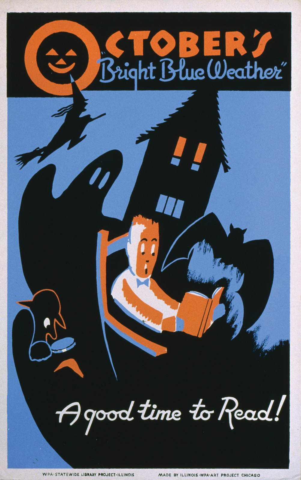 October's Bright Blue Weather "A good time to read!." (print on board, poster, silkscreen, color), c. 1936-1940 — vintage poster