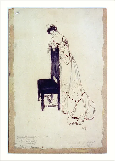 Woman in evening gown leaning on a chair, ink drawing
