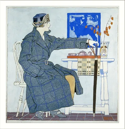 [Young woman sitting beside table holding umbrella]