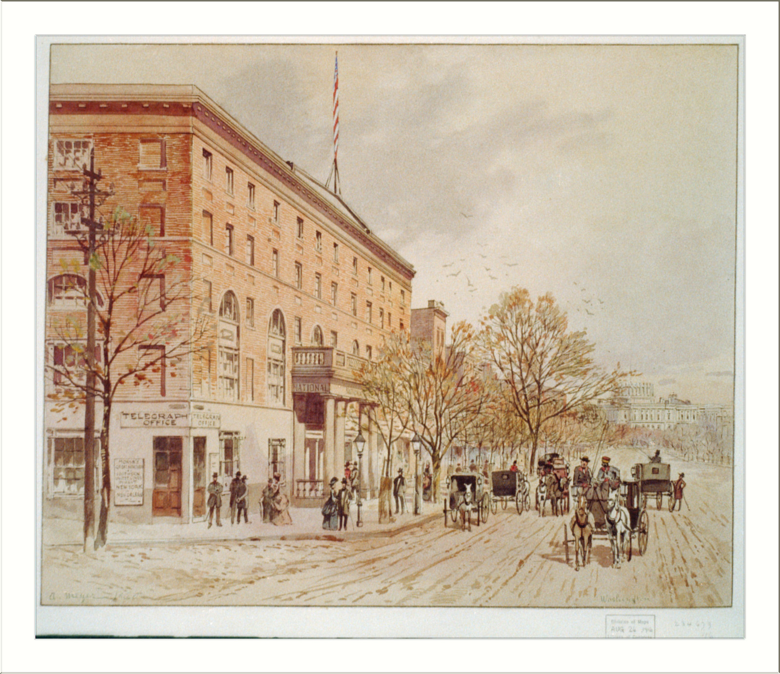[View of Washington looking down Pennsylvania Ave. toward unfinished Capitol. National Hotel on left, no. 2], 1860 — historic drawing