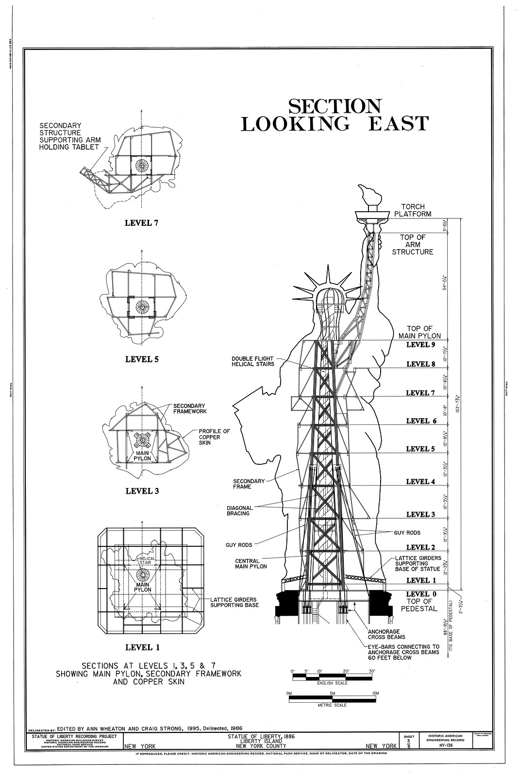Section Looking East, Statue of Liberty structural drawing — historic drawing