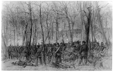 Genl. Wadsworths division in action in the Wilderness, near the spot where the General was killed