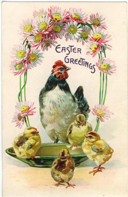 Easter Greetings postcard with hen and chicks — vintage postcard