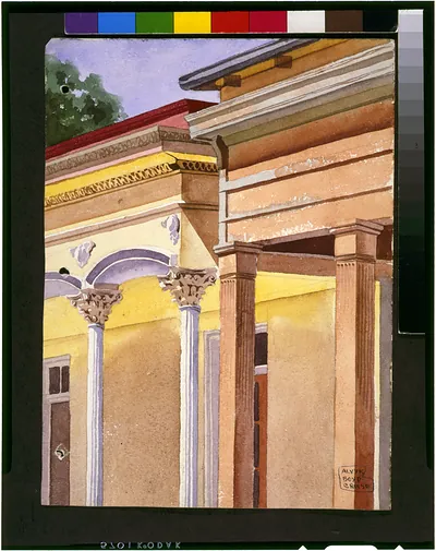 [Detail of porticoes of buildings, Lawyers Row, Clinton, Louisiana] / Alvyk Boyd Cruise.
