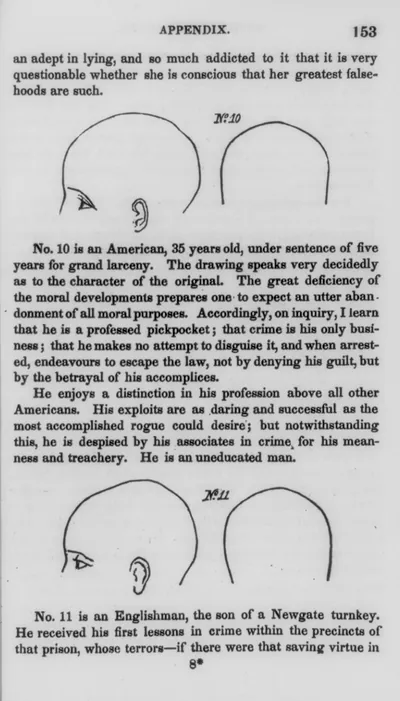 [Engraving by Tudor Horton, based on daguerreotypes by Mathew Brady, printed in Sampson's Rationale of Crime...1846 (phrenological studies): head measurements of two pickpockets]