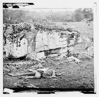 Gettysburg Pennsylvania. Dead sharpshooter on the right of Confederate line