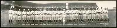 Panoramic photograph of baseball team in C caps before stadium