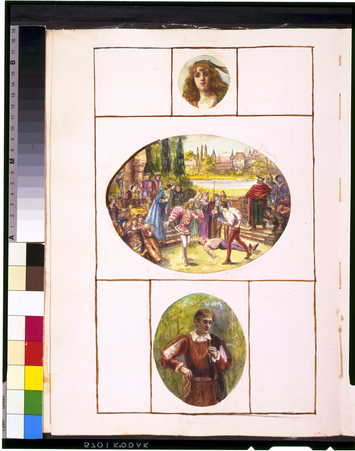 [Head-and-shoulders portrait of Julia Neilson; scene from Shakespeare's As you like it, 3 paintings : watercolor. — historic image