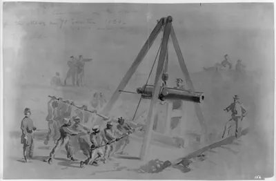 Negroes mounting Cannon in the works for the attack on Ft. Sumter 1861- Morris Island