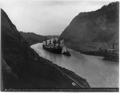 Opening of the Panama Canal. S.S. ANCON approacing Cucaracha Slide, looking north, Aug. 15, 1914