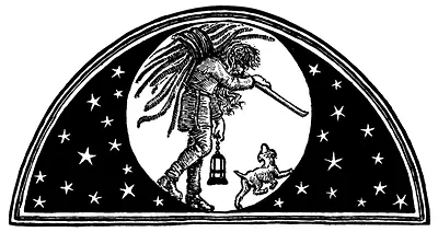 Black and white woodcut of a figure with lantern and dog under stars