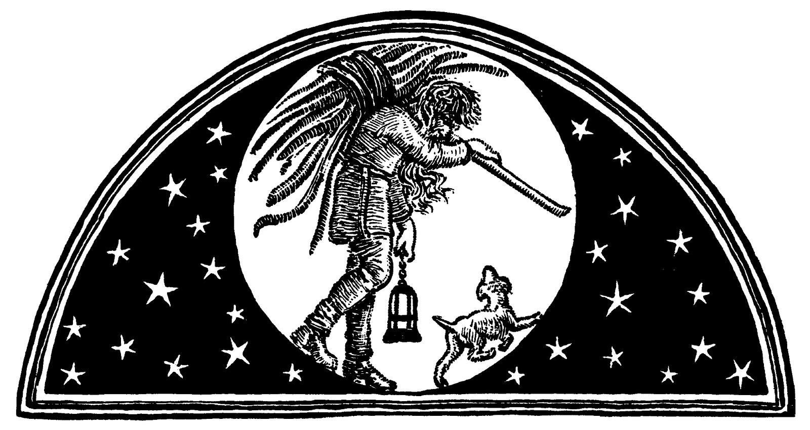 Black and white woodcut of a figure with lantern and dog under stars — historic image